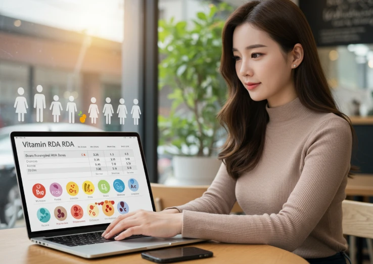 노트북으로 비타민 권장량을 확인하는 한국 여성