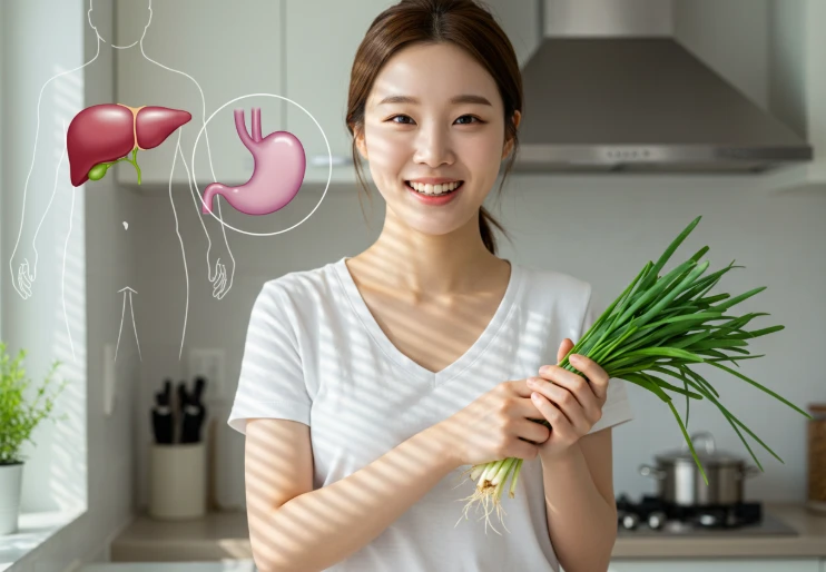 부엌에서 싱싱한 부추를 들고 있는 한국 여성