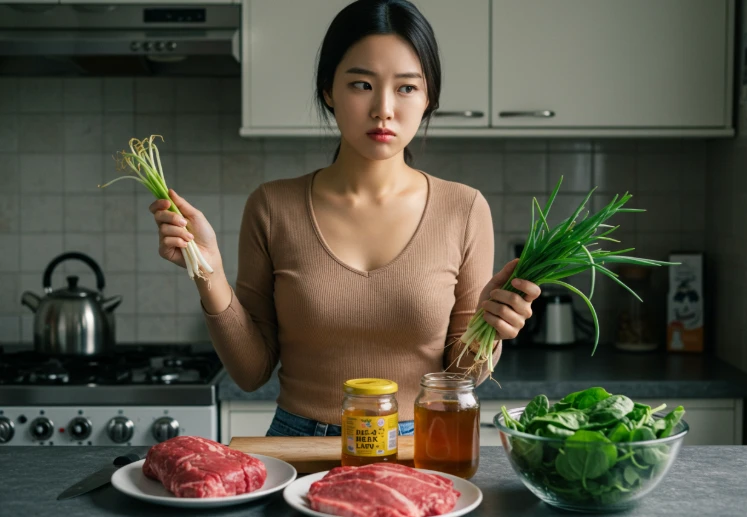 부추 옆에 있는 소고기, 꿀, 시금치를 보고 고개를 젓는 한국 여성