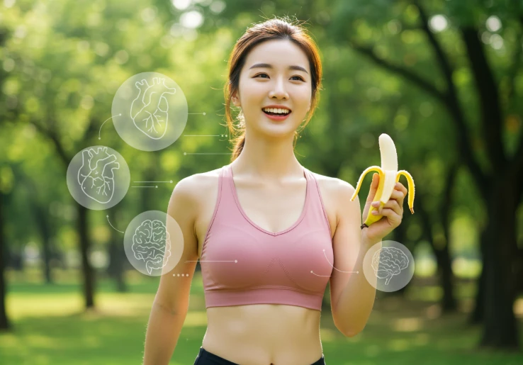 바나나를 들고 활기차게 웃는 한국 여성