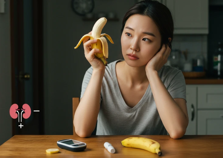 바나나와 혈당 측정기를 보며 망설이는 한국 여성