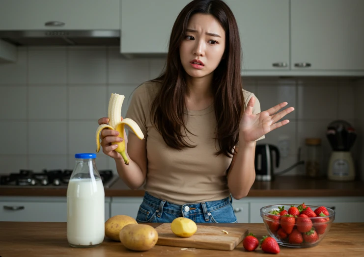 바나나 옆에 있는 감자, 우유, 딸기를 보고 고개를 젓는 한국 여성
