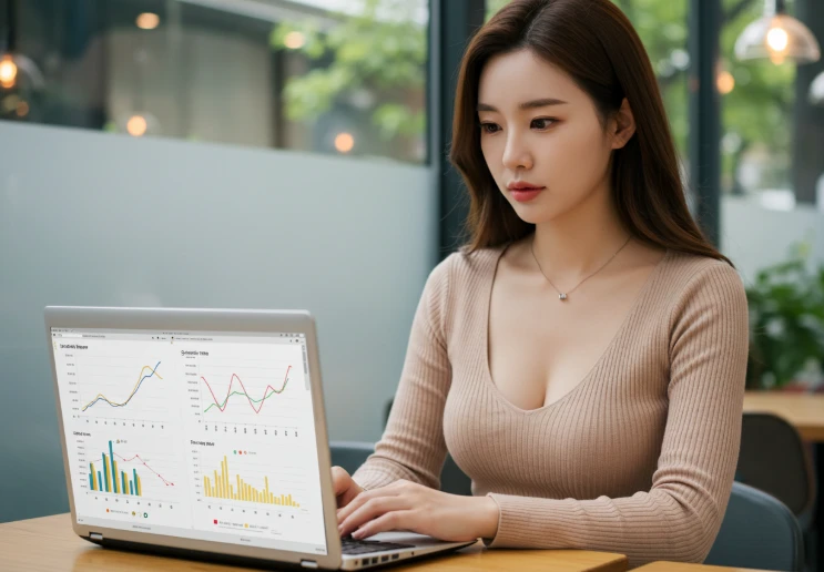 노트북 화면에서 건강 검진 결과 그래프를 비교하는 한국 여성