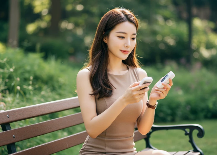 혈당 측정기를 보며 미소 짓는 한국 여성