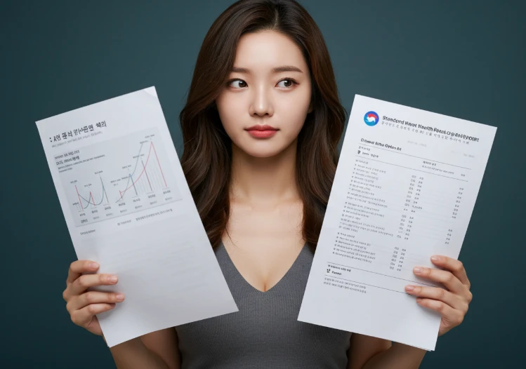 국가 검진 결과지와 추가 검진 항목을 고민하는 한국 여성