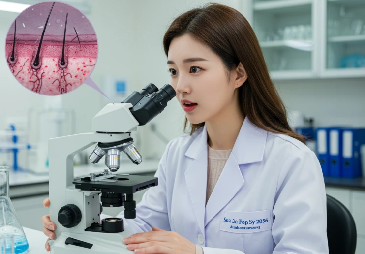 실험실에서 모낭이 자라나는 현미경 화면을 보고 놀라는 한국 여성