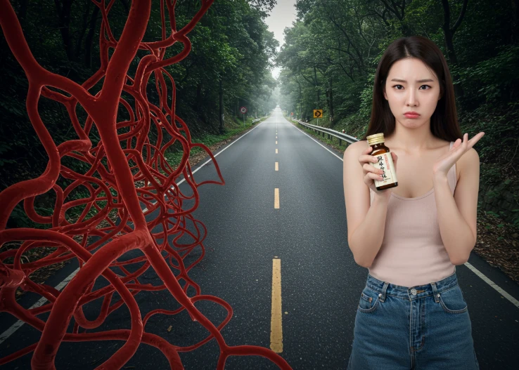 막힌 도로 옆에 뚫린 새 도로를 보는 한국 여성