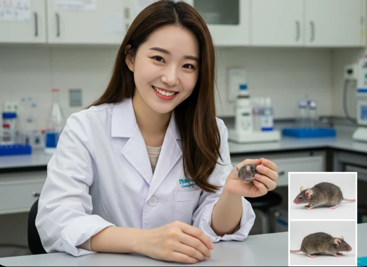 털이 다시 자라난 실험용 쥐를 들고 기뻐하는 한국 여성