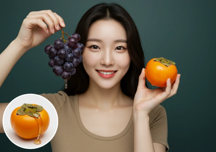 포도와 감을 들고 미소 짓는 한국 여성