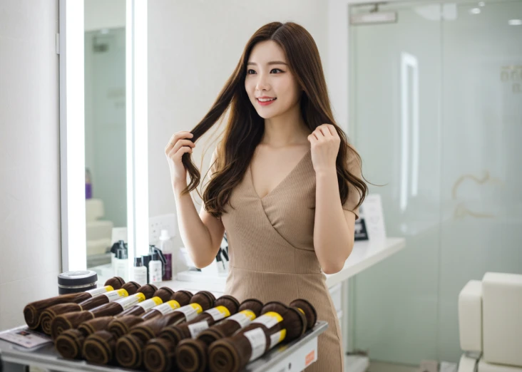 풍성해진 머리숱을 만지며 만족해하는 한국 여성