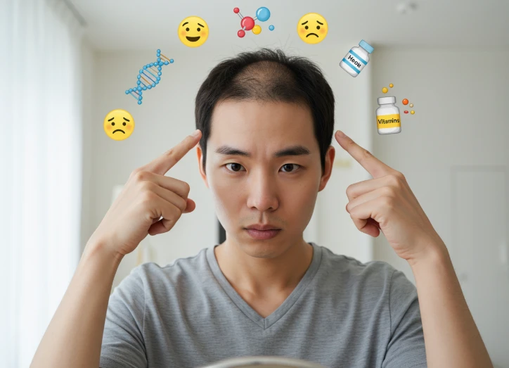 정수리를 가리키고 있는 한국 남성과 탈모 원인을 상징하는 요소들