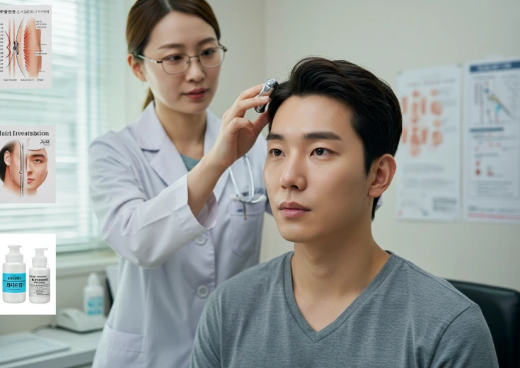 병원에서 두피 관리에 대해 상담하는 한국 남성