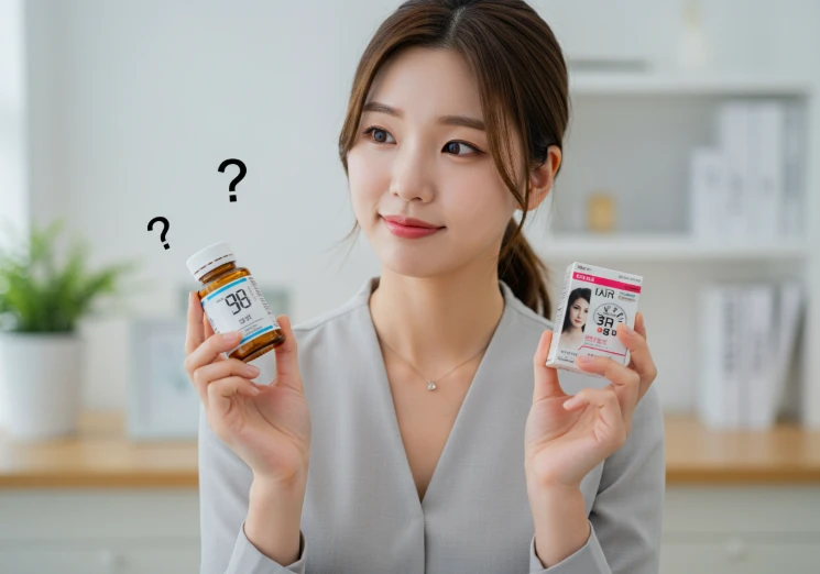 고혈압약과 탈모약을 들고 있는 한국 여성