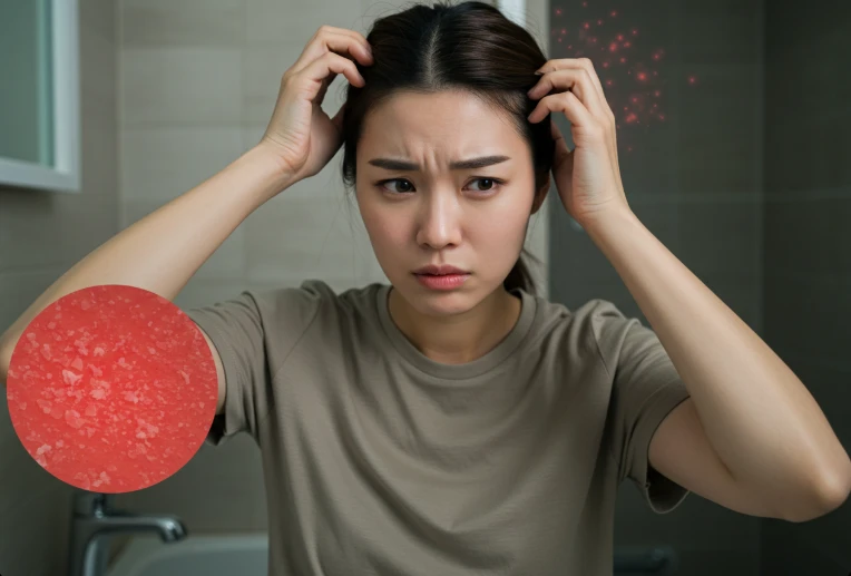두피를 긁으며 괴로워하는 한국 여성