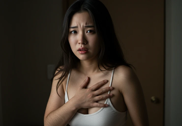 가슴을 부여잡고 놀라는 한국 여성과 팔에 난 털