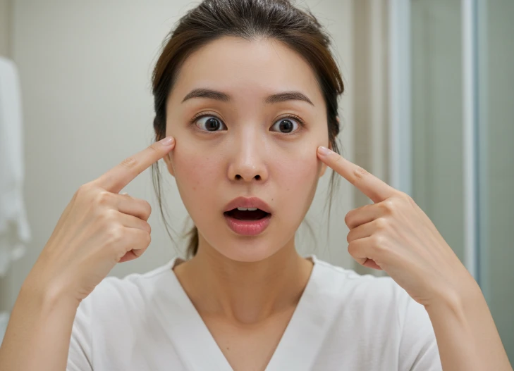 거울을 보며 눈 주변의 털을 발견하고 놀라는 한국 여성