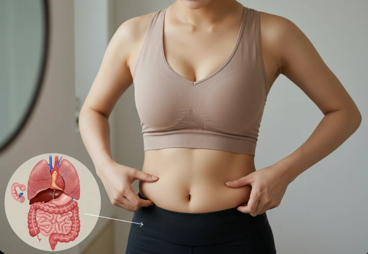 허리 지방을 만지며 거울을 보는 한국 여성과 내장 지방 그림