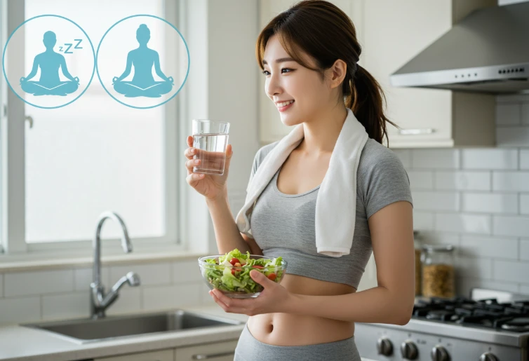 운동 후 건강한 식사를 준비하는 한국 여성