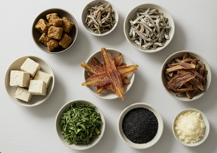 두부, 곤드레나물, 멸치, 뱅어포, 시래기, 검은깨, 파르메산 치즈가 한 상에 차려진 건강한 식단