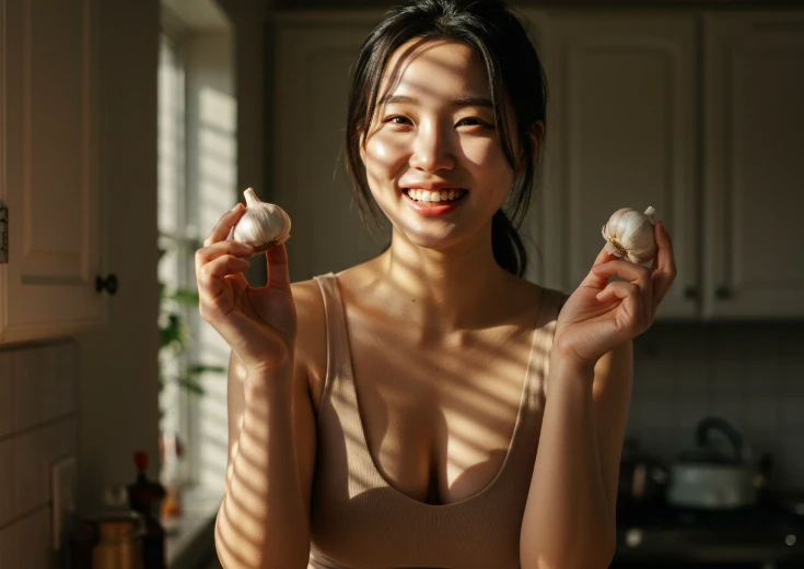 마늘이 놓인 식탁에서 미소 짓는 젊은 한국인 여성