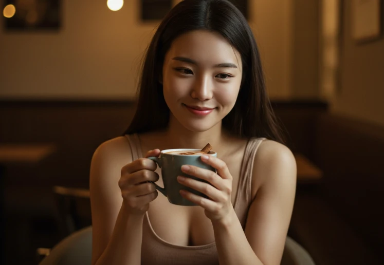 따뜻한 계피차를 마시며 편안하게 미소 짓는 한국인 여성