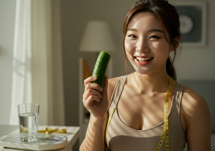 오이를 들고 미소 짓는 젊은 한국 여성