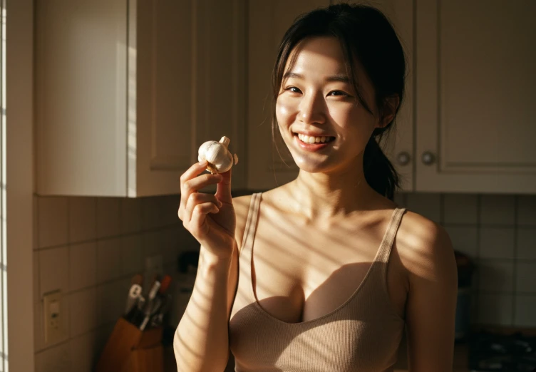 마늘이 놓인 식탁에서 미소 짓는 젊은 한국인 여성