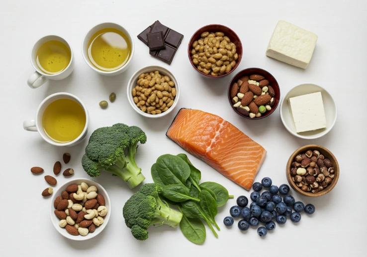 혈관 건강에 좋은 8가지 식품이 한데 모인 정물 사진