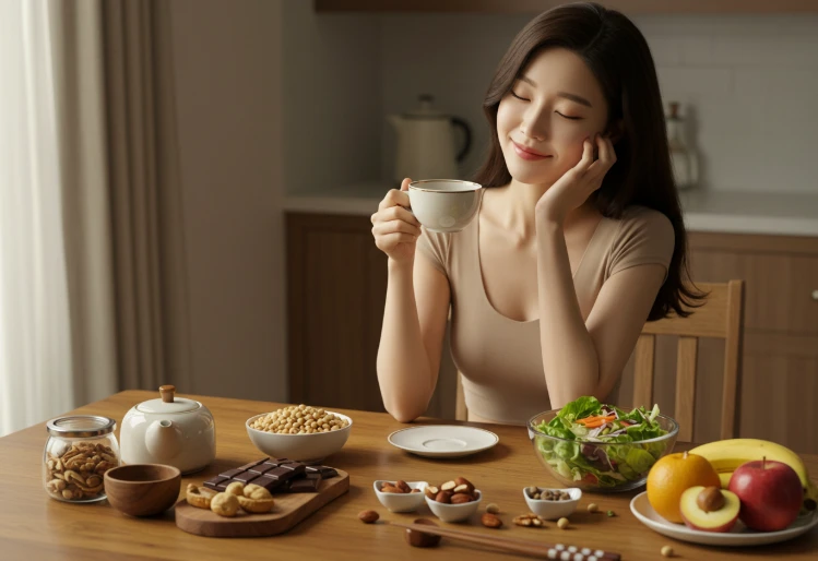 건강에 좋은 음식들이 놓인 식탁에서 차를 마시는 젊은 한국인 여성