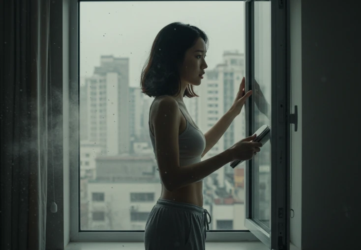 창문을 열어 환기하는 젊은 한국인 여성