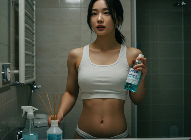 구강 청결제, 방향제, 소독제가 놓인 화장실에서 양치하는 젊은 한국인 여성