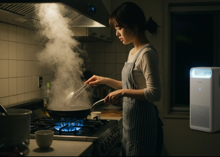 요리 중 공기청정기가 작동하는 주방의 젊은 한국인 여성