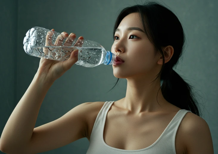 페트병에 담긴 물을 마시는 젊은 한국인 여성