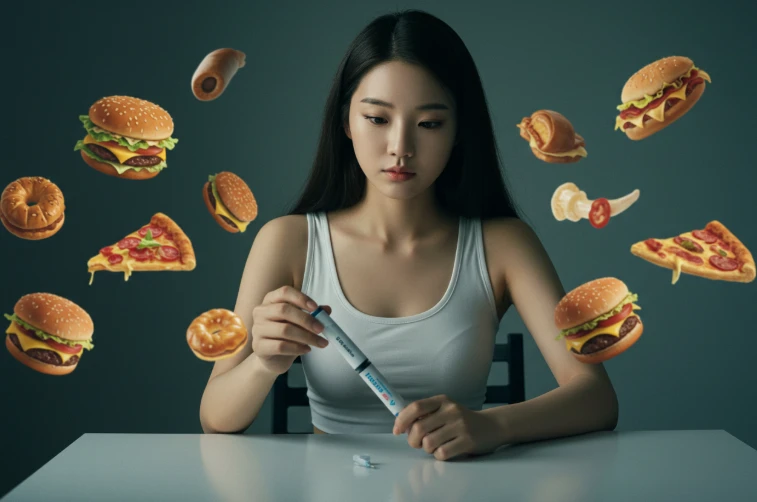 위고비 주사 펜을 내려놓은 젊은 한국인 여성과 그녀를 둘러싼 고칼로리 음식 이미지들