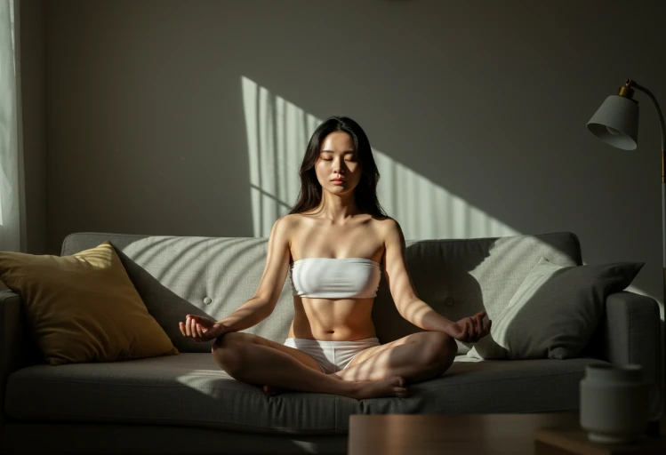 소파에 앉아 명상하는 젊은 한국인 여성