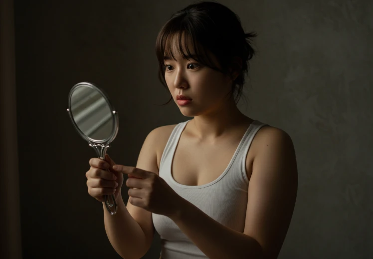 거울 속 자신의 모습에 혼란스러워하는 젊은 한국인 여성