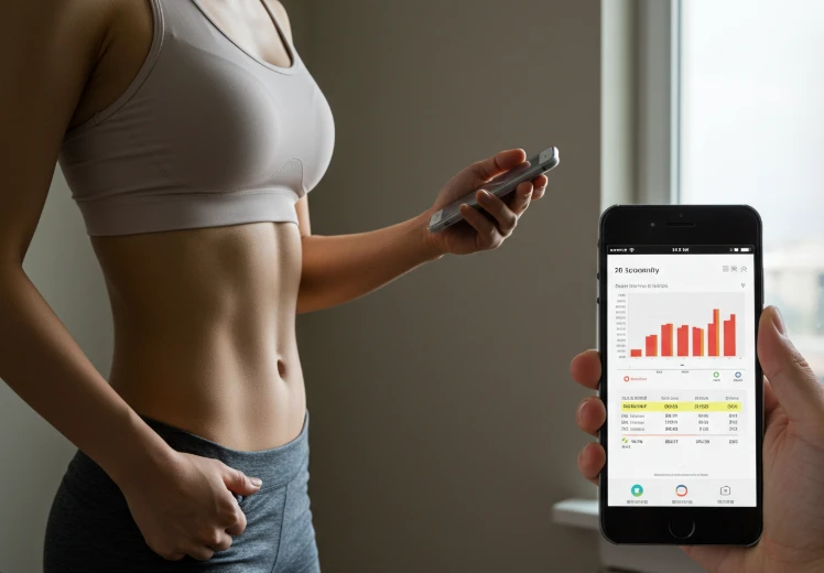 인바디 결과를 확인하며 만족스러워하는 젊은 한국인 여성