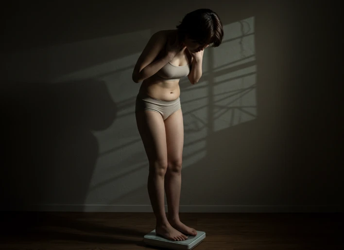 체중계 위에서 실망한 표정을 짓고 있는 젊은 한국인 여성