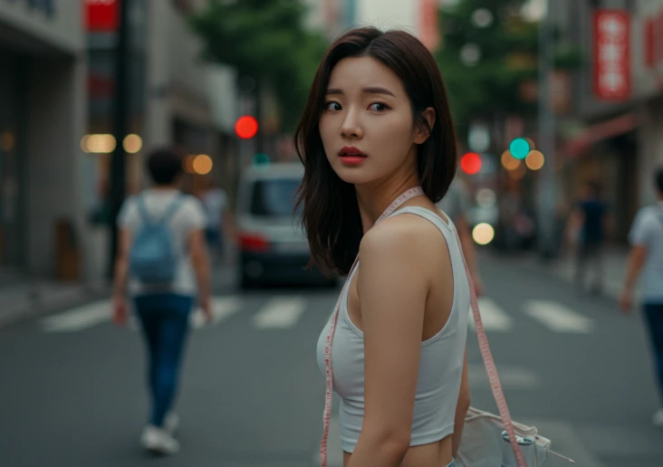 복잡한 도시 거리에서 발걸음을 멈추고 뒤돌아보는 혼란스러운 표정의 한국 여성