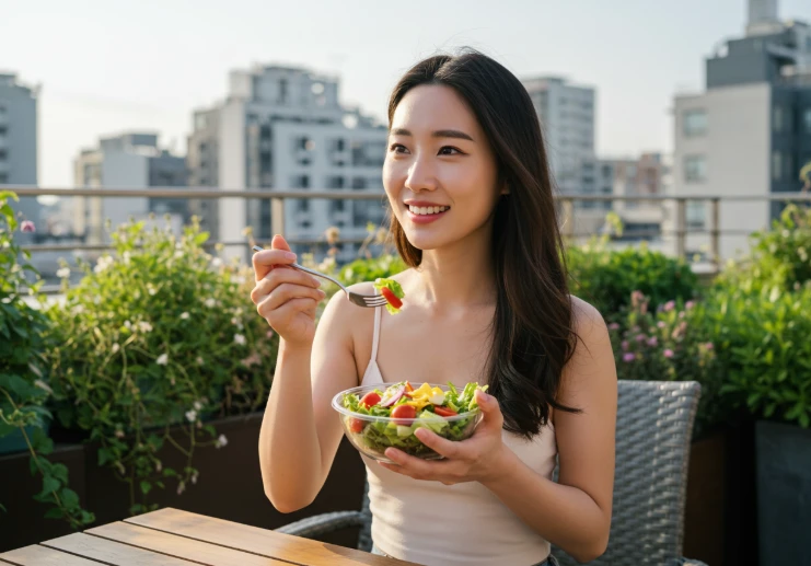 도심 옥상 정원에서 건강한 채소 샐러드를 먹는 한국 여성