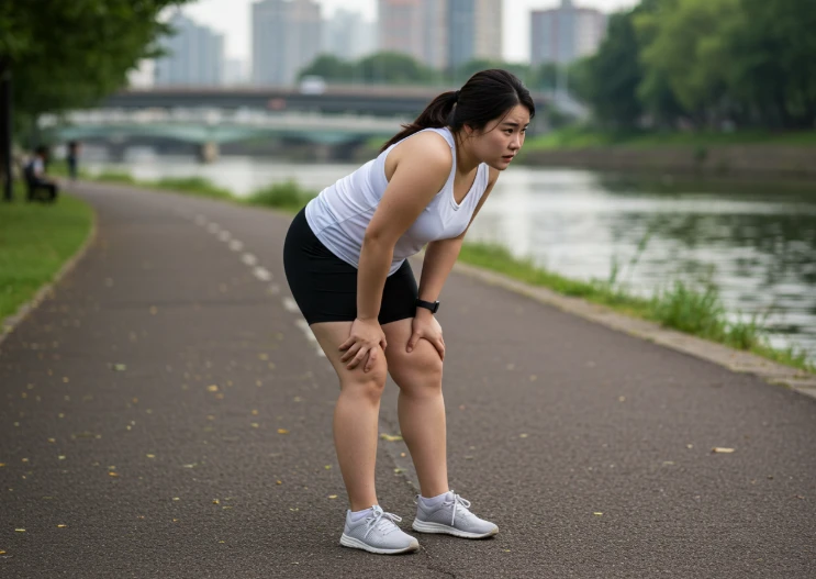강변을 따라 달리다 멈춰 서서 힘들어하는 한국 여성