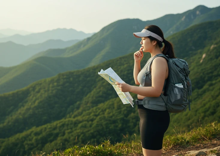 푸른 산 하이킹 코스에서 지도를 보며 새로운 길을 찾는 한국 여성