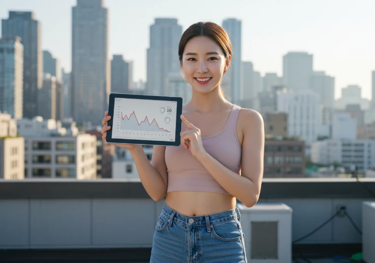 도시 옥상에서 태블릿 PC의 다이어트 차트를 보며 미소 짓는 한국 여성