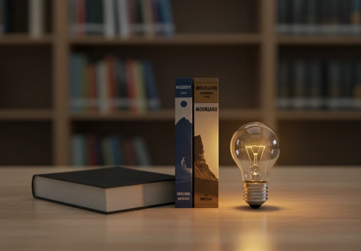 도서관 서가에 나란히 놓인 '위고비'와 '마운자로' 책, 마운자로 책에 작은 빛이 비치는 모습