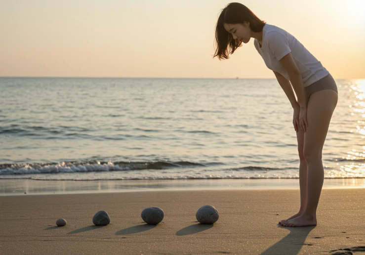 해변 모래사장에 나란히 놓인 세 개의 돌멩이를 바라보는 한국 여성, 돌멩이는 각각 삭센다, 위고비, 마운자로를 상징