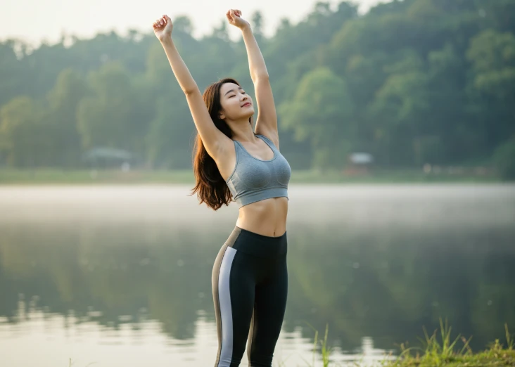 맑은 호숫가에서 아침 햇살을 맞으며 기지개를 켜는 활기찬 한국 여성