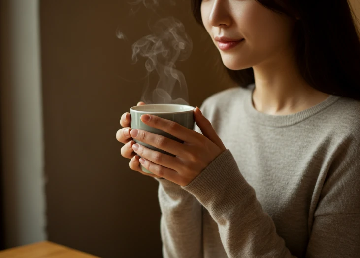 따뜻한 카페에서 허브차 잔을 들고 편안하게 미소 짓는 한국 여성