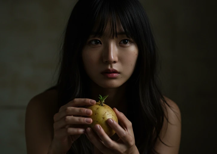어둡고 짙은 그림자 속에서 초록색으로 변한 감자를 걱정스럽게 바라보는 한국 여성