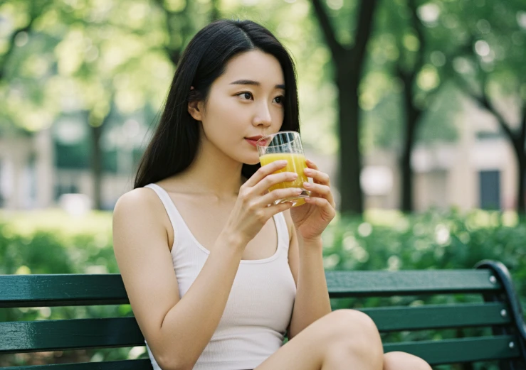 공원 벤치에 앉아 감자 주스를 마시는 한국 여성, 컵의 양이 적절해 보임