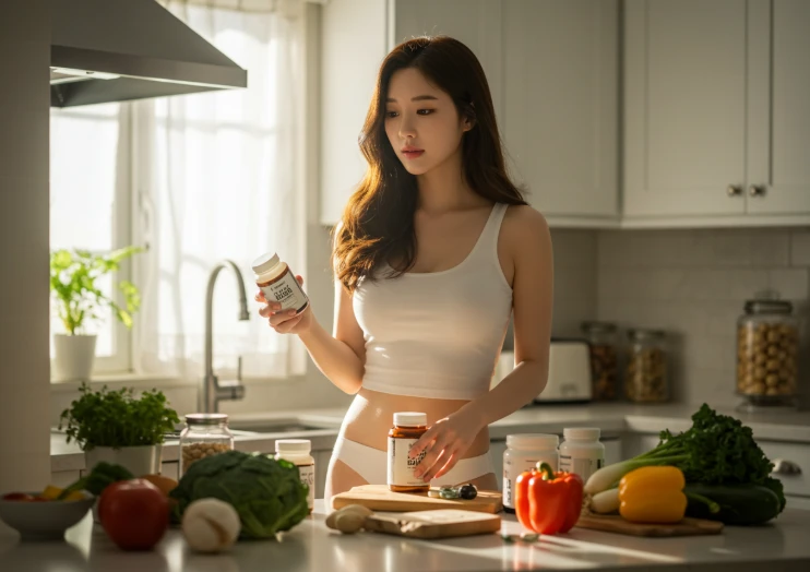주방에서 신선한 채소와 영양제 병을 함께 놓고 바라보는 한국 여성